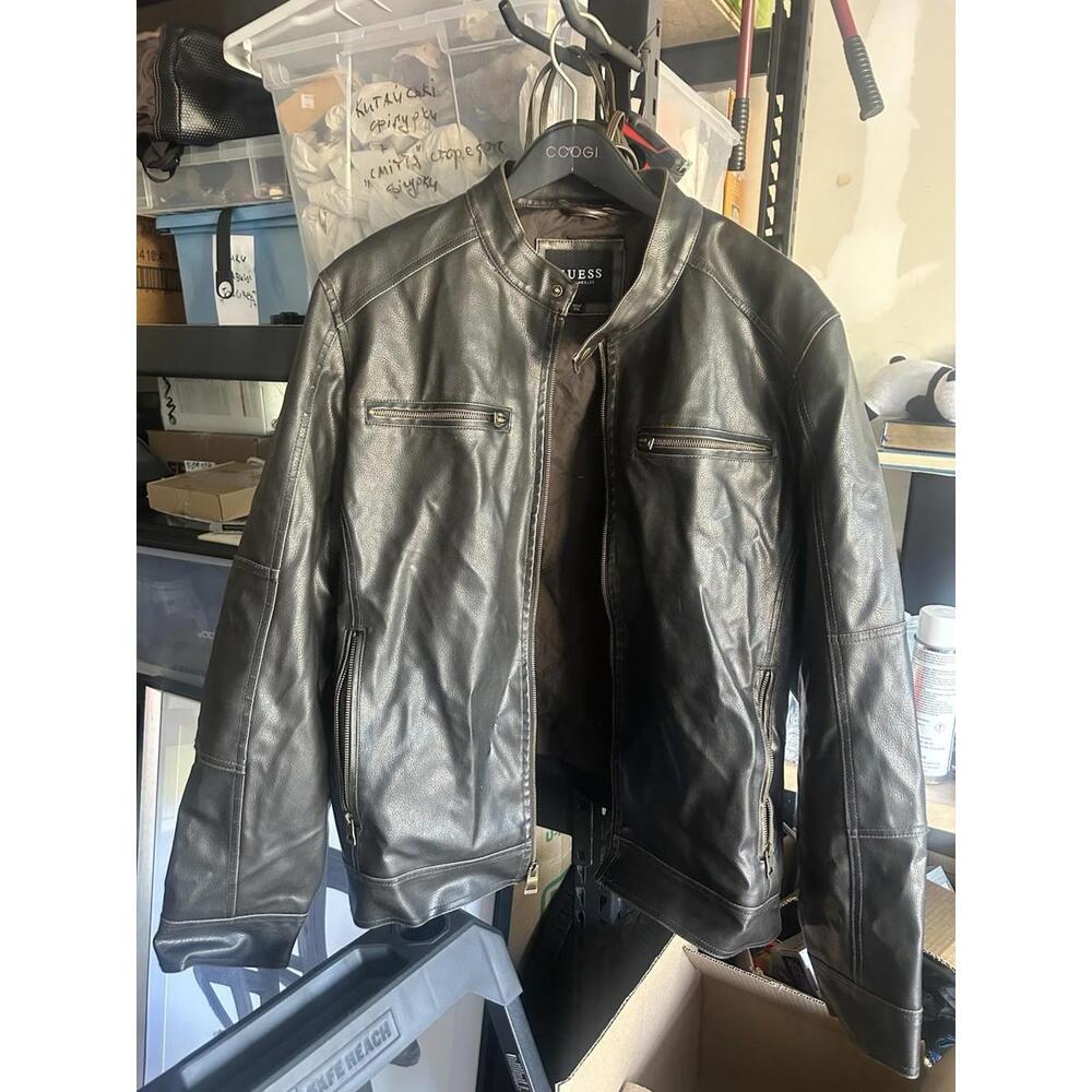 GUESS Los Angeles Men’s Faux Leather‎ Moto Jacket Brown XXL Zip Pockets